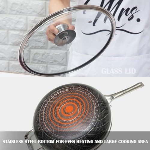 Wok Pan,Hybrid Nonstick 14 Inch Wok with Lid,Induction Non Stick Stainless Steel Large Deep Woks&Stir-Fry Pans,Stay-Cool Handle Skillets,PFOA Free Cookware,14 Inch Wok Pan
