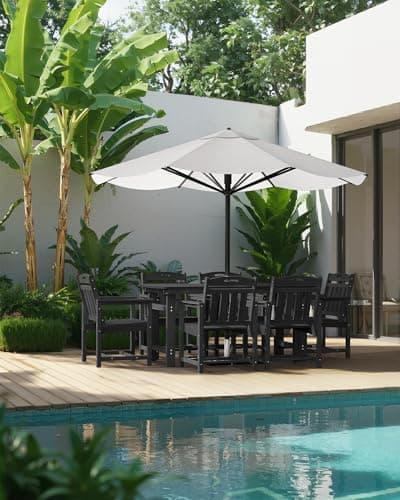 HDPE Outdoor Dining Set, 7 Piece Patio Table and Chairs Set with 2" Umbrella Hole, All Weather Patio Furniture for 6 Person in Garden, Backyard, Deck | Matte Black