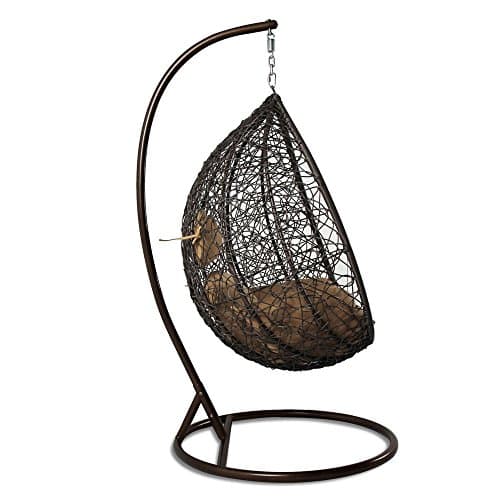 Island Gale Hanging Basket Chair Outdoor Front Porch Furniture with Stand and Cushion (Brown Wicker, Beige Cushion)