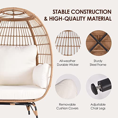 Oversized Wicker Egg Chair Set of 2, Outdoor Indoor Lounger with 4 Cushions, 440lb Capacity, Egg Basket Chair for Living Room, Backyard, Balcony, Patio, Beige