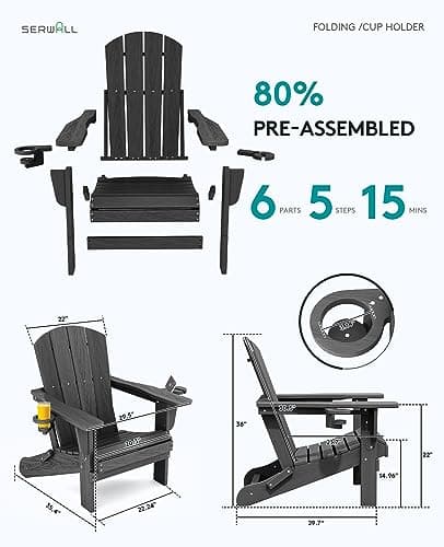 SERWALL Foldable Adirondack Chair, HDPE Adirondack Chair with Wood-Texture-Gray