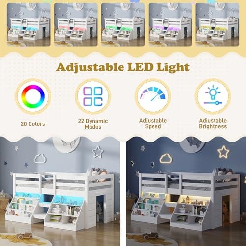 Twin Size Low Loft Bed with Stairs for Kids, Wooden Twin Loft Bed with LED Light & Safety Guardrail & Bookcase & Under-Bed Play Space, White