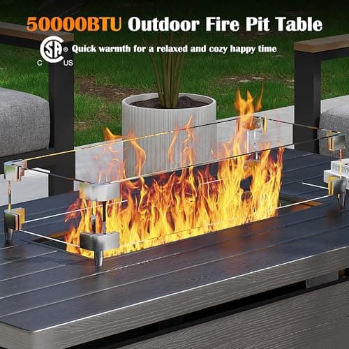 Sundale Outdoor 51 Inch Outdoor Fire Pit Table, 50,000 BTU Rectangle Propane Fire Pit with Glass Wind Guard, Rain Cover, Removable Lid, CSA Certified, Gray