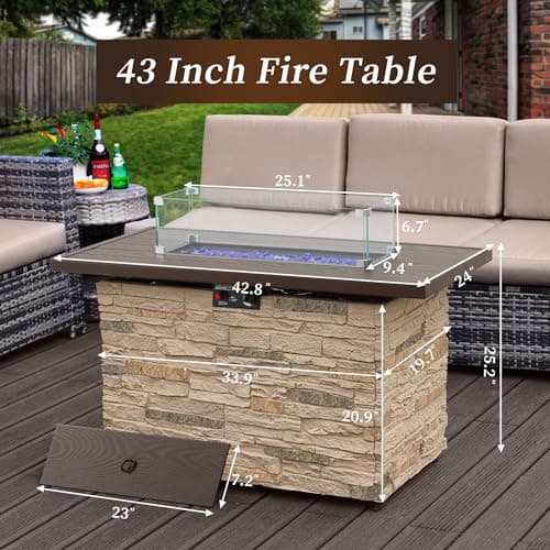 43" Propane Fire Pit Table Outdoor Stone Firepit Table Rectangular 50000 BTU Propane Fire Tables for Outside Patio with Wind Guard, Table Lid, Fire Beads, Cover,Pizzello Caldo (Buff)