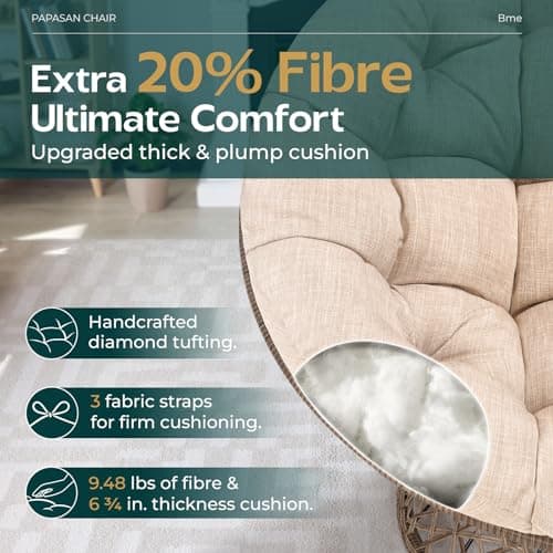 Bme 40" Ergonomic Wicker Papasan Chair with Soft Thick Density Fabric Cushion, High Capacity Steel Frame, 360 Degree Swivel for Living, Bedroom, Reading Room, Lounge, Sepia Sand - Brown Base