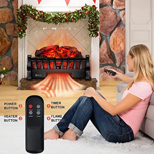 Electric Fireplace Logs Inserts Heater with Infrared Remote Controller 5 Flame Brightness 24 H Timer Overheating Protection for Home and Office Decor Black