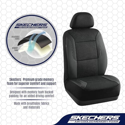 Skechers Memory Foam Leather Car Seat Covers, Air Cool Mesh Thick Seat Covers, Two Front car seat Protector, Airbag Compatible, Automotive Comfort Protection for Most Cars, Vans, Trucks, SUV (Black)
