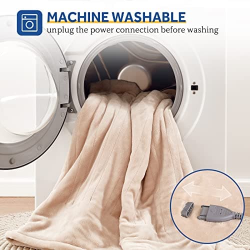 Sealy Electric Blanket Twin Size, Flannel Heated Blanket with 10 Heating Levels & 1-12 Hours Auto Shut Off, Fast Heating Warm Blanket, Machine Washable, Beige, 62 x 84 Inch