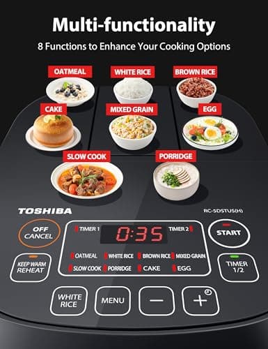 TOSHIBA Rice Cooker Small 3-Cup Uncooked– LCD Display with 8 Cooking Functions: Rice, Oatmeal, Mixed Grains and More, NonStick Inner Pot, Grey