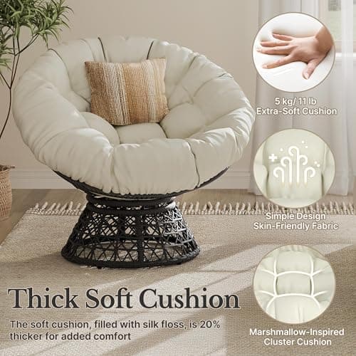 Yaheetech Indoor Papasan Chairs with Thick Tufted Cushions and Frame, Swivel Wicker Ergonomic Lounge Reading Chairs for Living Room/Bedroom, Beige