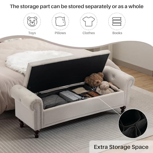 58.1'' Storage Bench Upholstered Linen End of Bedroom Bed Bench Ottoman with Tufted Cushioned Rolled Arm Large Storage Space for Reading Living Room Entryway, Beige