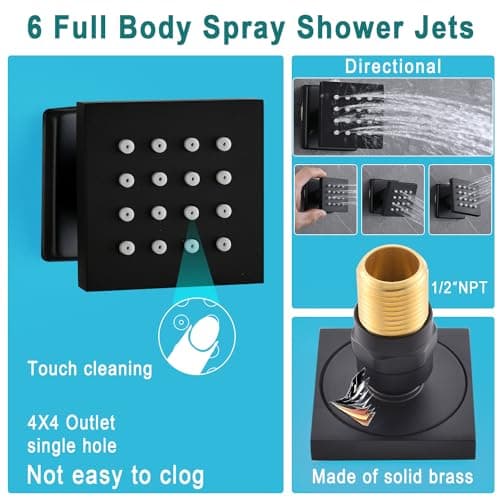 HOMEDEC 12inch Rain Shower System with Full Body Jets Sprays, Ceiling LED Brass Shower Faucet Set with 3 Functions Thermostatic Valve, Can Use All Function At Once