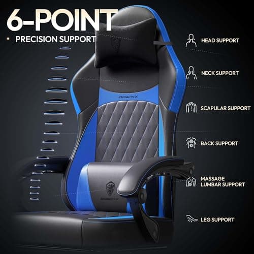 Dowinx Gaming Chair with Pocket Spring Cushion, Ergonomic Computer Chair with Massage Lumbar and Footrest for Adults, High Back Game Chair Leather for Office Gaming 300LBS, Blue New