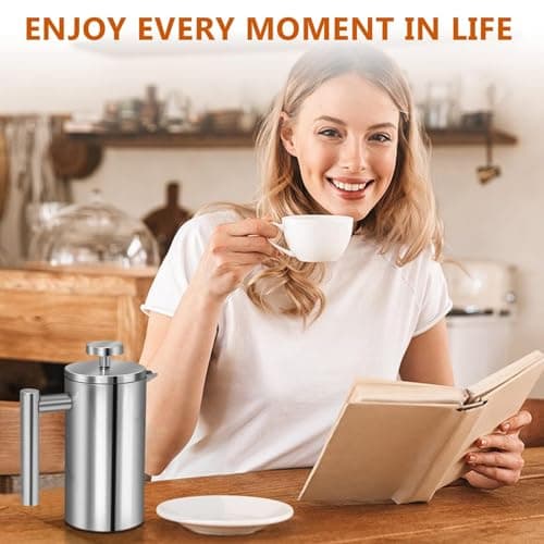 French Press Coffee Maker 50oz, 304 Stainless Steel Double Wall Insulated, Portable Coffee Press for Camping, Backpacking, Kitchen, Gift Set with Stainless Steel Filter - Silver