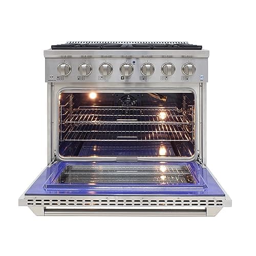 DE360GRSSS Gas Range Cooktop 36-Inch with Porcelain Convection Oven and Broil Function, 6 Sealed Burners and Continuous Grates with Stainless Steel Construction, Silver