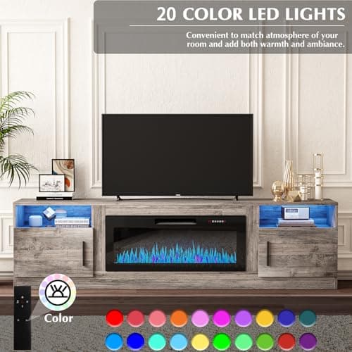 VITESSE TV Stand with 36" inch Electric Fireplace Up to 90" TVs, LED Light Entertainment Center, 80" Modern Wood High Gloss Fireplace with Highlight Storage Cabinet for Living Room (Gray)