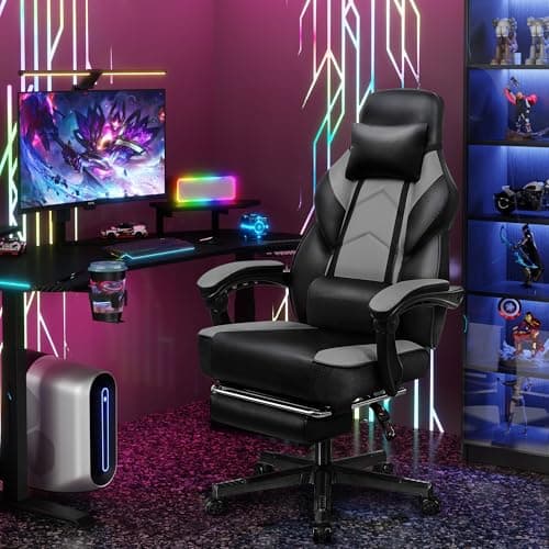 Meilocar Gaming Chair for Adult, Computer Chair with Footrest Video Game Chair Big and Tall Gaming Chair with Massage Lumbar Support, Adjustable Height and 360° Swivel Seat(Grey)