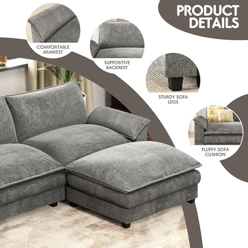 Homall 119" Modular Sectional Sofa, L Shaped Sofa Couch with Reversible Ottoman, DIY Combination Chenille Deep 3-Seat Cloud Couch for Living Room, Apartment (Light Grey, L Shaped Sofa)