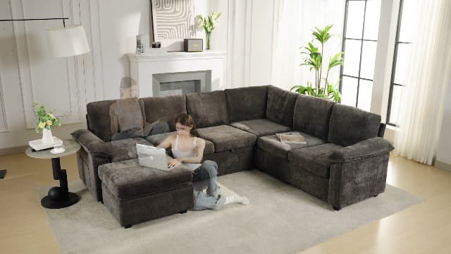 108 Inch Sectional Sleeper Sofa with Pull Out Bed,U Shaped 7 Seat Modular Sectional Sofa with Storage,Sectional Couches for Living Room,Cloud Modular Couch,Removable Sofa Cover,Dark Grey