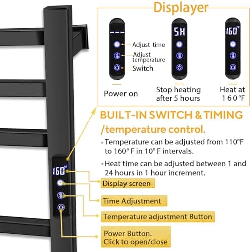 Black Towel Warmer Rack for Bathroom with Timer/Fahrenheit Display Electric Heated 10 Bars Drying Rail Plug-in or Hardwired Wall Mounted Heating Bath Towel Warming(Matte Black)