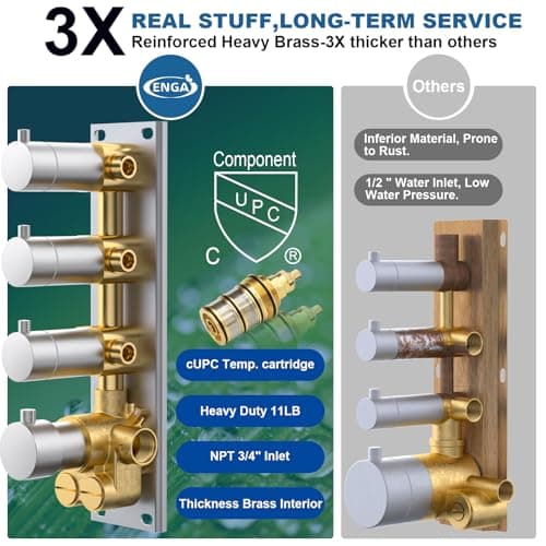 Enga Thermostatic Dual Head Shower System, 16" + 6" Dual Rainfall Shower System (Can All Run Together & Volume Adjustable) Dual Shower Head Combo Set, Brushed Nickel