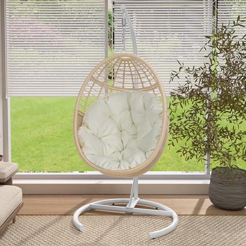 TWT Egg Swing Chair with Stand Hanging Egg Chair Outdoor - Rattan Wicker Patio Hanging Basket Chair Hammock Chair with Metal Frame and UV Resistant Cushion for Indoor Bedroom Balcony (Beige)