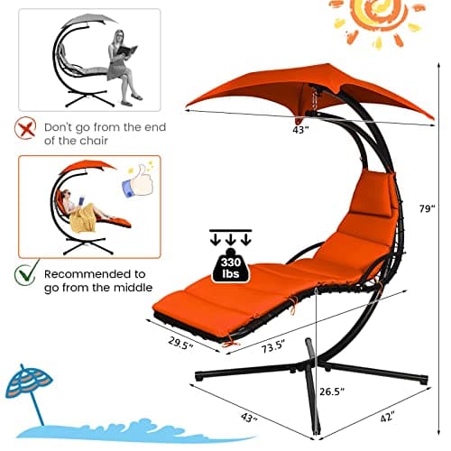 Tangkula Hanging Chaise Lounge, Arc Stand Floating Hammock Swing Chair w/ Canopy and Built-in Pillow, Curved Steel Patio Lounge Chair, Freestanding Hammock Chair with Stand for Patio Backyard Garden