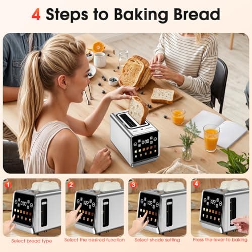 2 Slice Toaster Touch Screen with 1.5" Wide Slots & Memory Recall | 900W Fast Even Toast | LCD Display + 6 Shade Settings for Bagels & Thick Bread