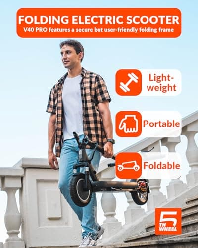5TH Wheel V40 PRO Electric Scooters, 48V 800W Peak Motor & 20 MPH, 24.9 Miles Range, 10" Solid Tires, Front-N-Rear Suspension and Ambient Light, Folding Sport Scooters with Dual Brake System and APP