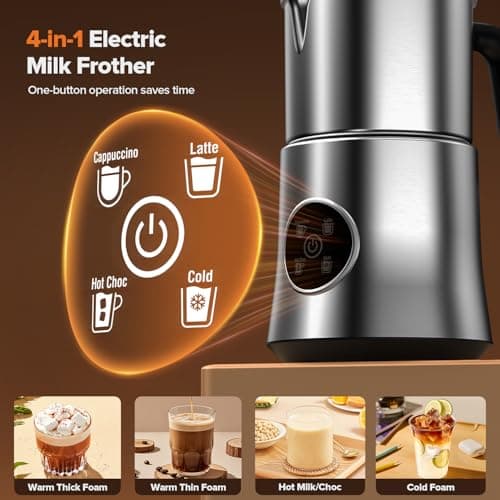 Milk Frother, 4 in 1 Milk Frother and Steamer, Automatic Warm and Cold Foam Maker, Hot Chocolate Maker, Electric Frother for Coffee, Cappuccino, Latte, Choc, BPA Free, Silver