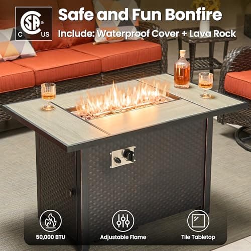 ovios 7 Pieces Patio Furniture Set, Outdoor Wicker Sofa Couch with Swivel Chairs 42" Fire Pit Table, All Weather High Back Modern Conversation Sets, Brown Rattan, Orange Red