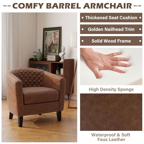UIXE Faux Leather Accent Chairs Set of 2, Barrel Club Chair Modern Upholstered Armchair for Living Room, Comfy Nailed Trim Arm Chair Bedroom Reading Seat, Brown