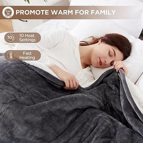 Westinghouse Heated Blanket Twin Size, Soft Flannel to Sherpa Electric Blanket with 10 Heating Levels, 12 Hours Auto Off, Fast Heating, Machine Washable, 62x84 Inch, Charcoal