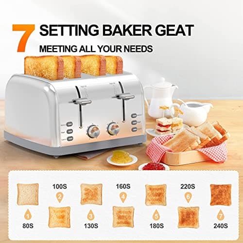 Toaster 4 Slice Retro Stainless Steel,Best Prime 4 Slice Toaster Wide Solt with 7 Shade Settings, Perfect for Waffles, Bagels and More Lainsten T-527