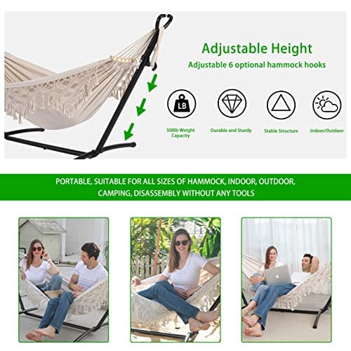 Double Hammock with Stand Upgraded Phone Holder Portable Heavy Duty Stainless Steel Indoor Outdoor Patio Yard Beach with Carrying Case （2022 Beige）