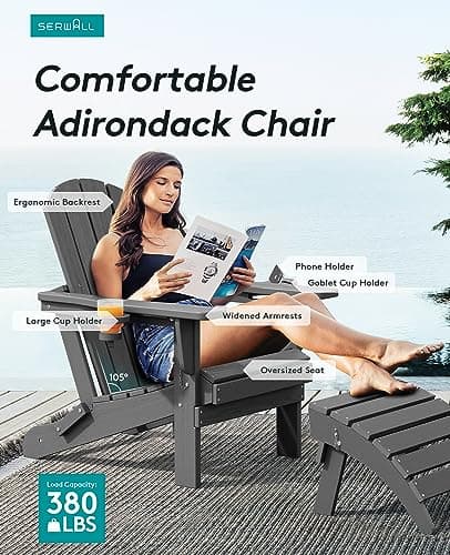 SERWALL Foldable Adirondack Chair, HDPE Adirondack Chair with Wood-Texture-Gray