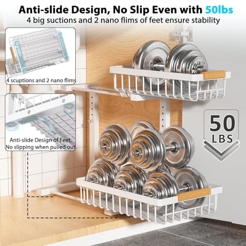 Under Sink Organizer 2 pack, 2 Tier Slide Out Under Sink Organizers And Storage, Height Adjustable Pull Out Cabinet Drawers, Kithcen Bathroom Metal Storage Caddy Shelf, White