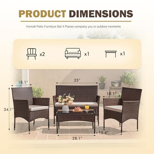 Homall 4 Pieces Outdoor Patio Furniture Sets Rattan Chair Wicker Set, Outdoor Indoor Use Backyard Porch Garden Poolside Balcony Furniture Sets Clearance (Brown and Beige)