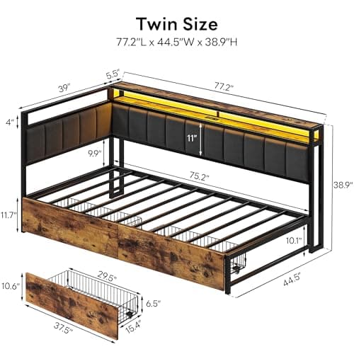 LIKIMIO Corner Bed Frame Twin Daybed with Storage Drawers, Metal Platform Bed Frame with LED Light, Charging Station & Fabric Upholstered Fence, Black