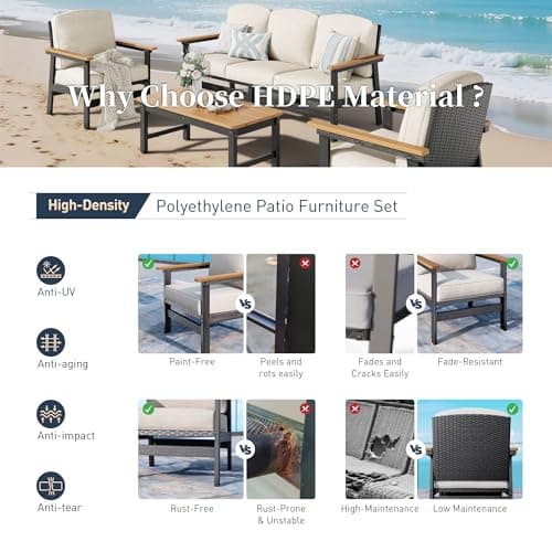 HDPE Outdoor Patio Furniture 4-Piece Set, All Weather Modern Patio Conversation Sets with Wood-grain Extended Table, Outdoor Patio Couch Set, Black Frame with Beige 4.7" Thick Cushions