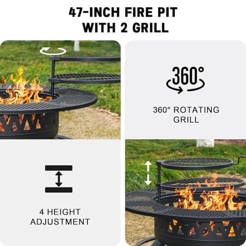 47 Inch Fire Pit with 2 Grills, Outdoor Extra Large Firepits for Outside, Wood Burning Fireplace for Camping,Picnic,Bonfire, 3-in-1 Round Metal Table with Lid for Backyard,Patio,Party