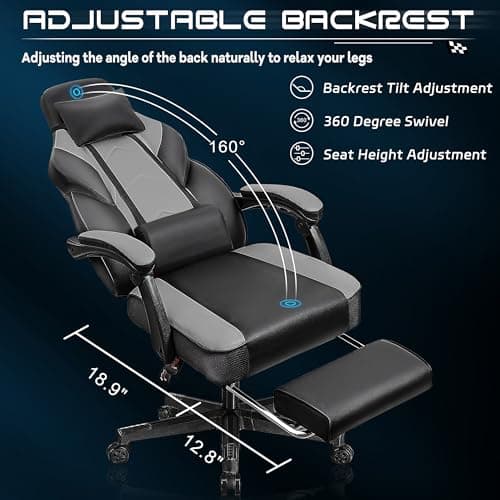 Meilocar Gaming Chair for Adult, Computer Chair with Footrest Video Game Chair Big and Tall Gaming Chair with Massage Lumbar Support, Adjustable Height and 360° Swivel Seat(Grey)