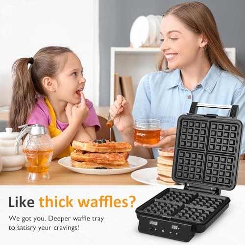 4-Slice Waffle Maker with Nonstick Surface, 1200W Waffle Iron, Time & Temperature Control, LCD Display, Perfect Waffle Maker for Kids and Families, Stainless Steel, Silver