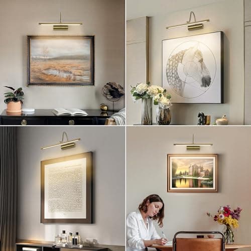 JOOSENLUX Battery Operated Picture Lights Gold Wall Lights Wireless Flexible Neck with Remote Rechargeable Wall Lights for Pictures 16" Dimmable Display Art Light with Timer 3000K Brass