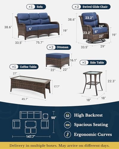 HILLGA Luxury Patio Furniture Set with 6-inch Thick Cushion, Outdoor Couch and High Back Swivel Rocker Patio Chairs, 7PCS Wicker Conversation Set for Deck Yard and Poolside, Blue (V2)