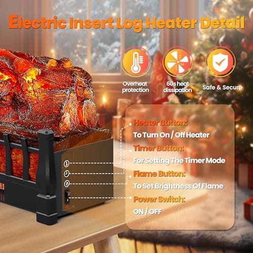 Electric Fireplace Logs Inserts Heater with Infrared Remote, 24 H Timer, 5 Flame Brightness, Thermostat, Overheating Protection for Home & Office