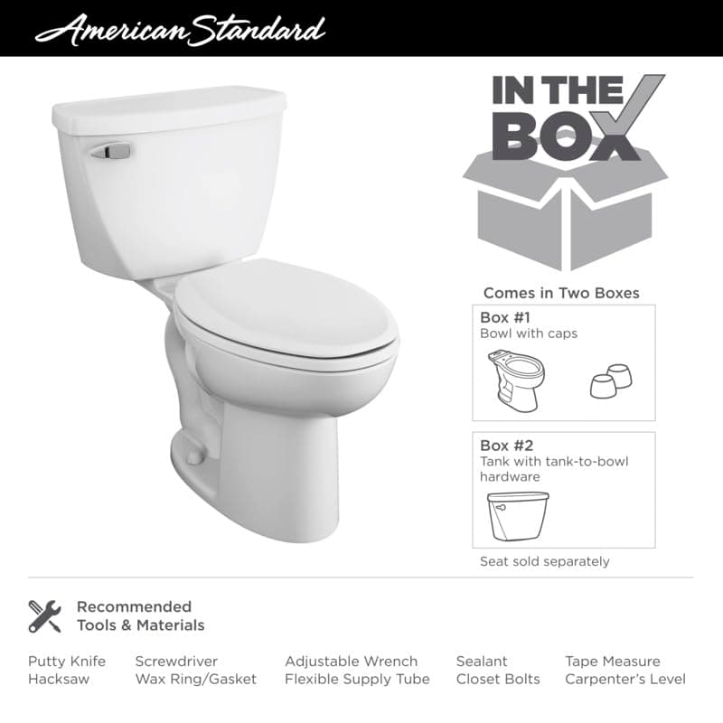 American Standard 2467016.020 Cadet Two-Piece Pressure Assisted Toilet, Chair Height, Elongated Front, White, 1.6 GPF