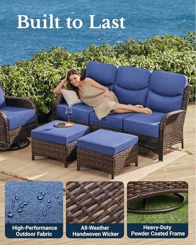 HILLGA Luxury Patio Furniture Set with 6-inch Thick Cushion, Outdoor Couch and High Back Swivel Rocker Patio Chairs, 7PCS Wicker Conversation Set for Deck Yard and Poolside, Blue (V2)