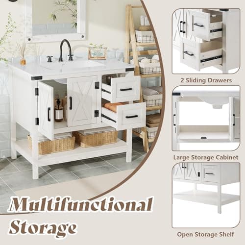 AMERLIFE 36" Farmhouse Bathroom Vanity with Sink Combo, Wood Barn Door Freestanding Small Single Bath Storage Cabinet Set with Sliding Drawers & Open Shelf, Paper Towel Holder, Antique White