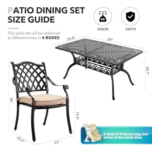 7 Piece Outdoor Dining Set Cast Aluminum, Retro Patio Dining Furniture Set for 6 Includes 59” Rectangular Table 2 Swivel Chairs with Thicker Cushions and Umbrella Hole for Patio Deck Garden